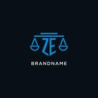 ZE monogram initial logo with scales of justice icon design inspiration vector