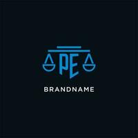 PE monogram initial logo with scales of justice icon design inspiration vector