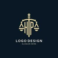 HP initial logo with scale of justice and shield icon vector