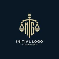 MG initial logo with scale of justice and shield icon vector