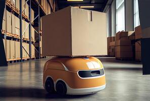 Robot AGV transporting cardboard box in warehouse background. Technology innovation and delivery concept. photo