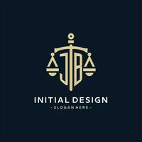 jb inicial logo con escala de justicia y proteger icono vector