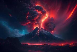 The volcano erupted with hot lava and black smoke covering the sky. Nature and disaster concept. photo