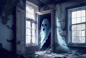 Spooky fabric ghost in the abandoned haunted house background. Halloween and horror concept. photo