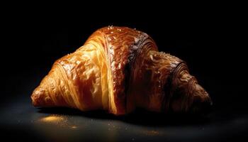 Fresh Croissant breads on the wooden table in the dark black background. Food and bakery concept. Full of breads theme. Generative AI photo