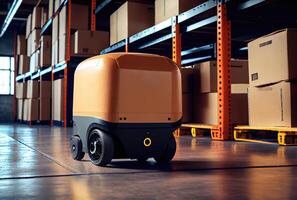 Robot AGV transporting cardboard box in warehouse background. Technology innovation and delivery concept. photo