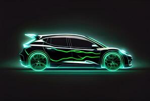 Modern car with green light trail as speed and energy power on black dark background. Transportation and innovation concept. photo