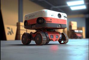 Robot AGV transporting cardboard box in warehouse background. Technology innovation and delivery concept. photo