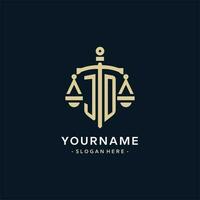 JD initial logo with scale of justice and shield icon vector