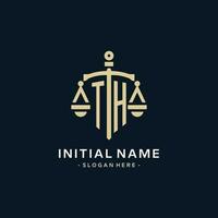 TH initial logo with scale of justice and shield icon vector