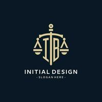 IB initial logo with scale of justice and shield icon vector