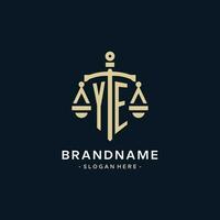 YE initial logo with scale of justice and shield icon vector