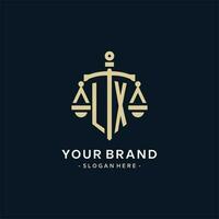 LX initial logo with scale of justice and shield icon vector