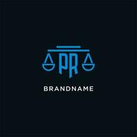 PR monogram initial logo with scales of justice icon design inspiration vector