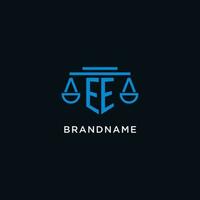 EE monogram initial logo with scales of justice icon design inspiration vector