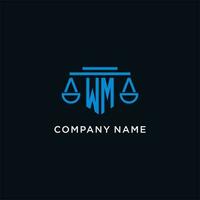 WM monogram initial logo with scales of justice icon design inspiration vector