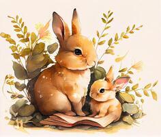 Rabbit family spends time together reading a book on white background. Animal and education concept. photo