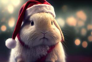 conejito Conejo en Papa Noel claus disfraz y brillante bokeh antecedentes. animal y fiesta concepto. generativo ai foto