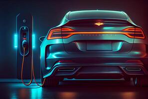 EV car with Electric charging station charger and blue glowing light stripe. Technology and transportation concept. photo