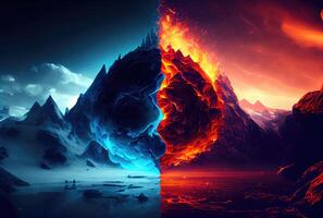 medio fuego y medio hielo montañas con el cielo antecedentes. metáfora y conflicto concepto. generativo ai foto