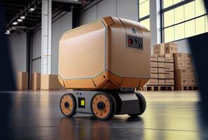 Robot AGV transporting cardboard box in warehouse background. Technology innovation and delivery concept. photo