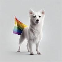 White Japanese Spitz dog with rainbow flag or pride flag. Animal and pet concept. LGBTQ theme. photo