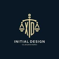 XO initial logo with scale of justice and shield icon vector