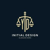 YO initial logo with scale of justice and shield icon vector