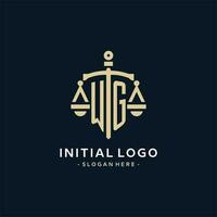 WG initial logo with scale of justice and shield icon vector