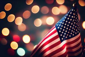 The United States of America USA flag with colorful shiny bokeh light background. Nation flag in the dark with illumination light. National day concept. photo