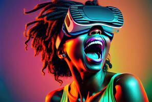 joven africano mujer emocionante desde mirando mediante vr lentes pantalla en color antecedentes. personas y tecnología concepto. generativo ai foto