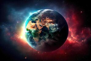 Earth in space view with shining sunrise in universe and galaxy background. Nature and World environment concept. Science and globe. Fantasy sky atmosphere. photo