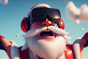 Closeup head shot of Santa Claus face flying on in the blue sky and cloudy background. Merry Christmas and Happy new year concept. Digital art illustration. photo