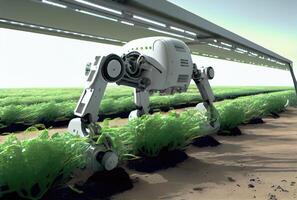 Robot farming harvesting agricultural products in greenhouse. Innovative futuristics technology and 5G smart farming concept. photo