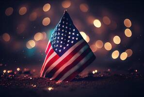 el unido estados de America Estados Unidos bandera con vistoso brillante bokeh ligero antecedentes. nación bandera en el oscuro con iluminación ligero. nacional día concepto. generativo ai foto