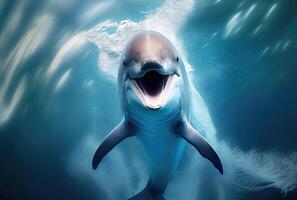 Happy dolphin swimming in the aquarium or sea background. Marine life and animal concept. Digital art illustration. photo