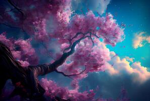 Pink Cherry Blossom tree on the earth with blue sky background. photo