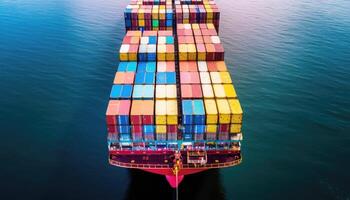 Container ship carrying container boxes import export dock with quay crane. Business commercial trade global cargo freight shipping logistic and transportation worldwide oversea concept. photo