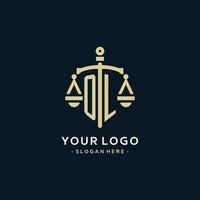 OL initial logo with scale of justice and shield icon vector