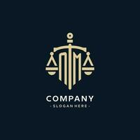 NM initial logo with scale of justice and shield icon vector