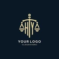 HY initial logo with scale of justice and shield icon vector