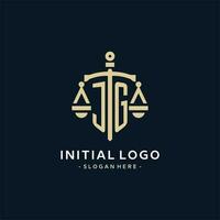 JG initial logo with scale of justice and shield icon vector