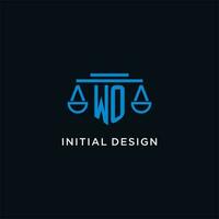 WO monogram initial logo with scales of justice icon design inspiration vector