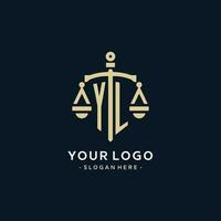 YL initial logo with scale of justice and shield icon vector