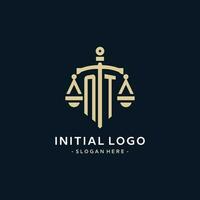 NT initial logo with scale of justice and shield icon vector