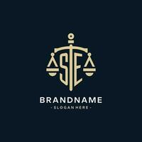 SE initial logo with scale of justice and shield icon vector