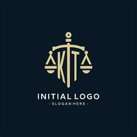 KT initial logo with scale of justice and shield icon vector