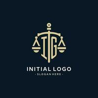 IG initial logo with scale of justice and shield icon vector
