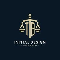 TB initial logo with scale of justice and shield icon vector