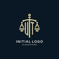 UT initial logo with scale of justice and shield icon vector